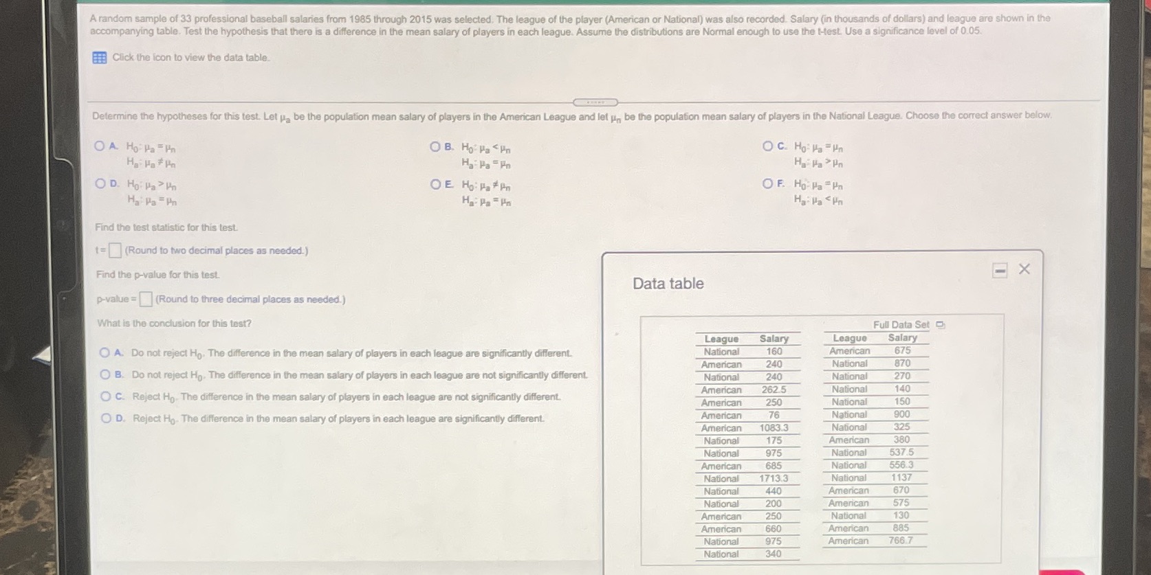 Please help asap A random sample of 33 professional baseball salaries from