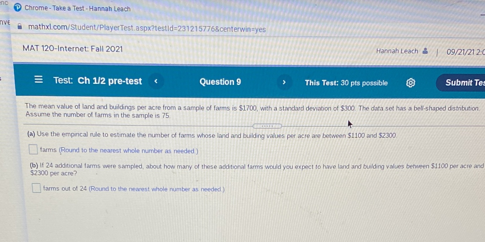  nc Chrome - Take a Test - Hannah Leach AVE mathxl.com/Student/PlayerTest.aspx?testld=231215776&centerwin=yes