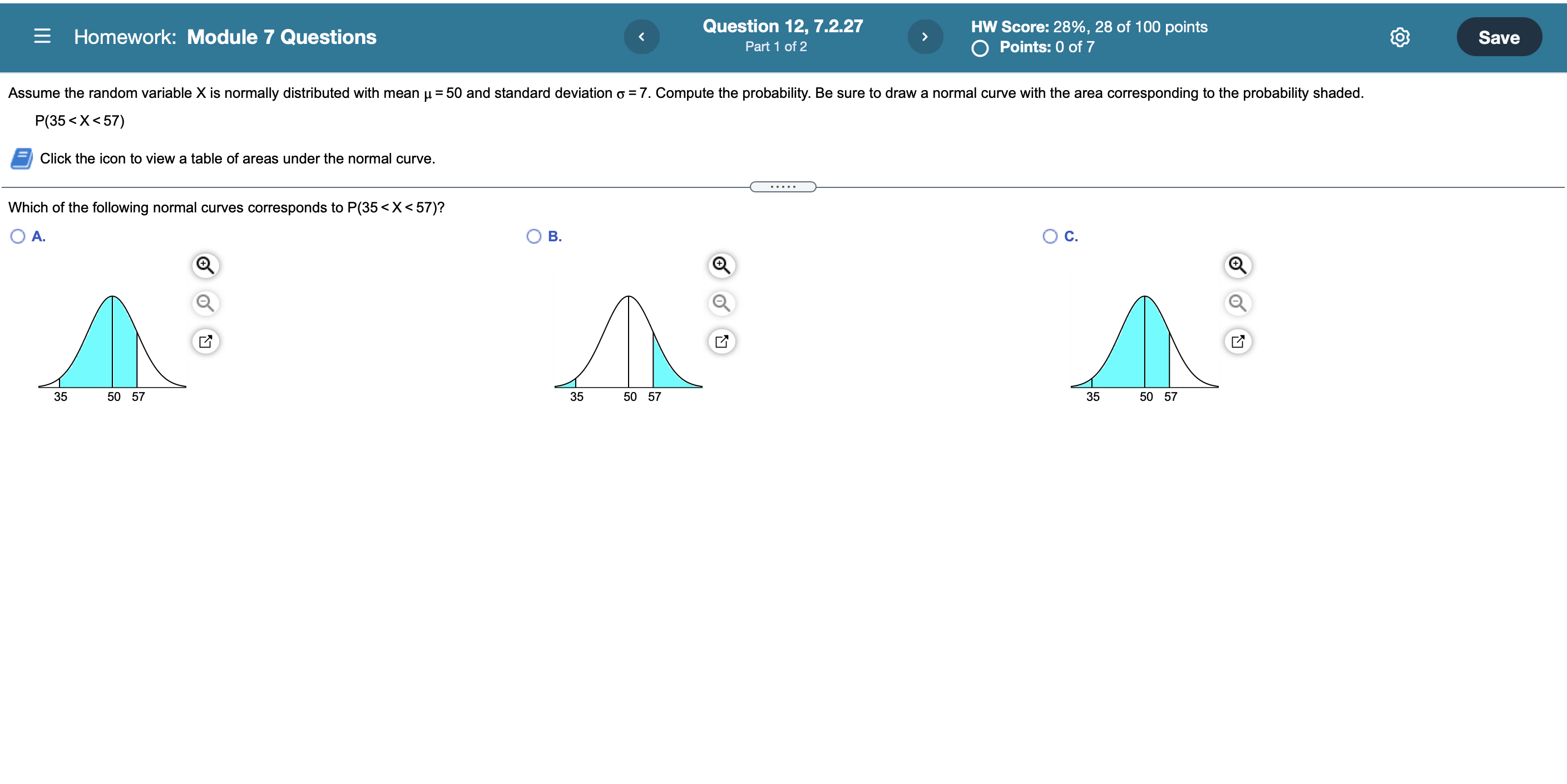 of X = 295 is 0.0350. Provide two interpretations of this area.