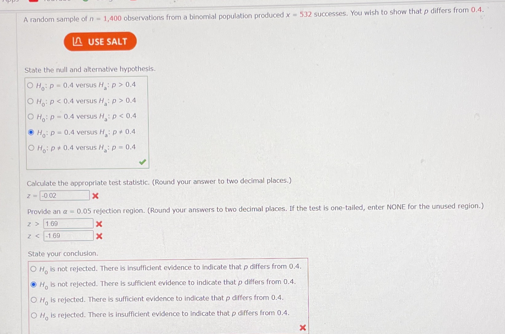 A random sample of n = 1,400 observations from a binomial
