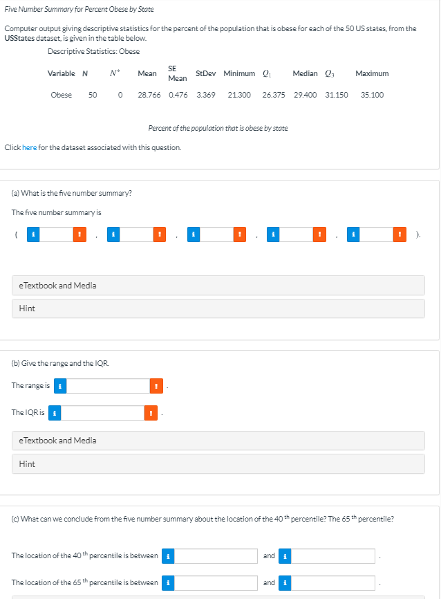  Five Number Summary for Percent Obese by State Computer output giving