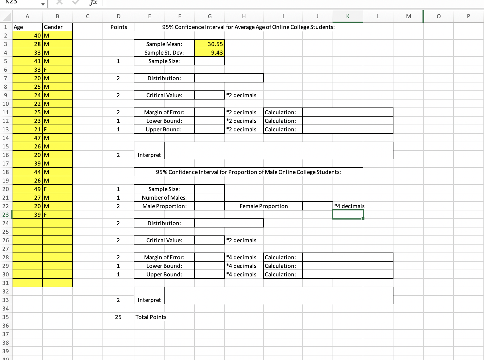 For the average age, form a 95% confidence interval:What distribution should be