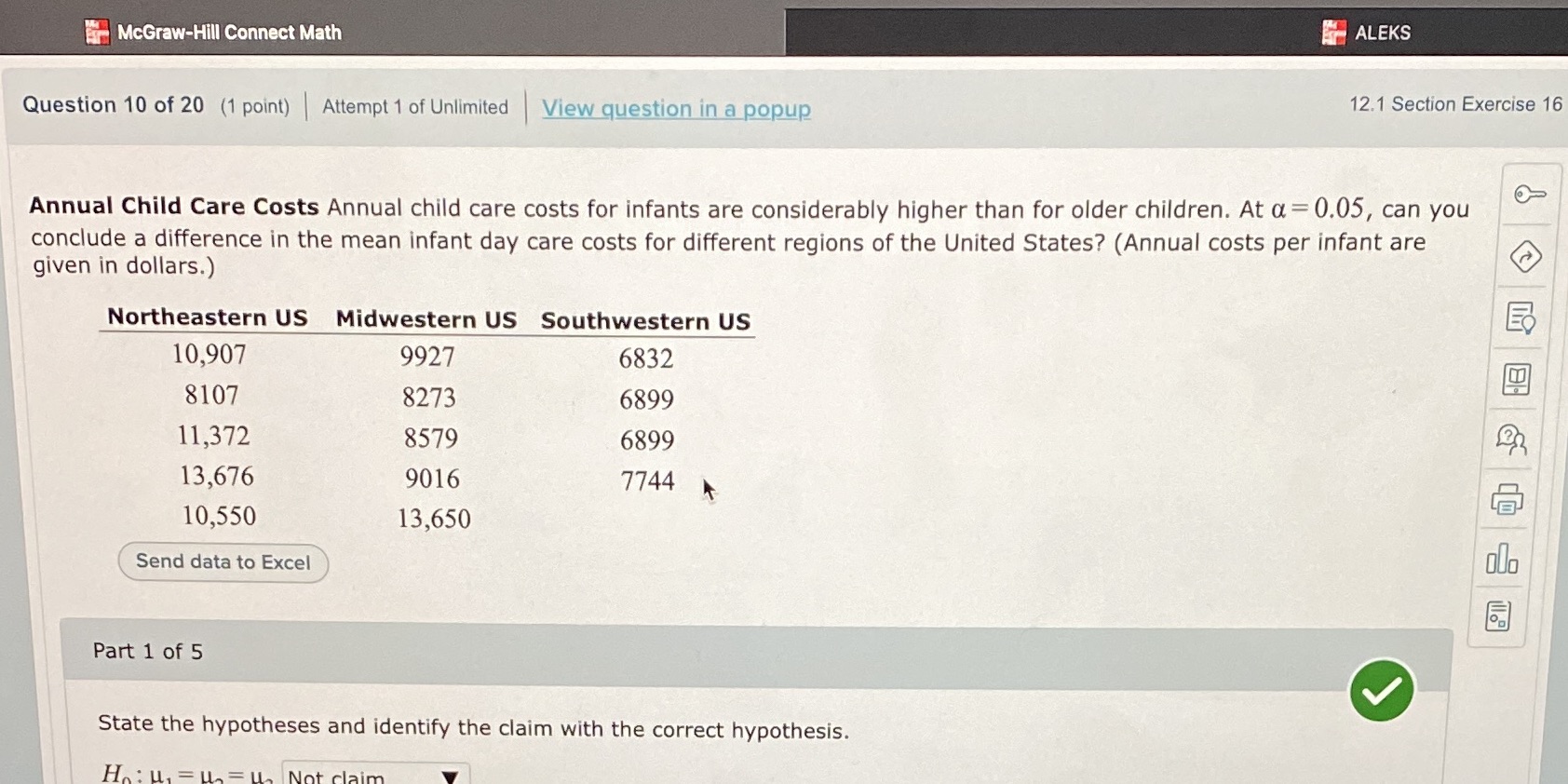 Compute the test value. McGraw-Hill Connect Math ALEKS Question 10 of 20