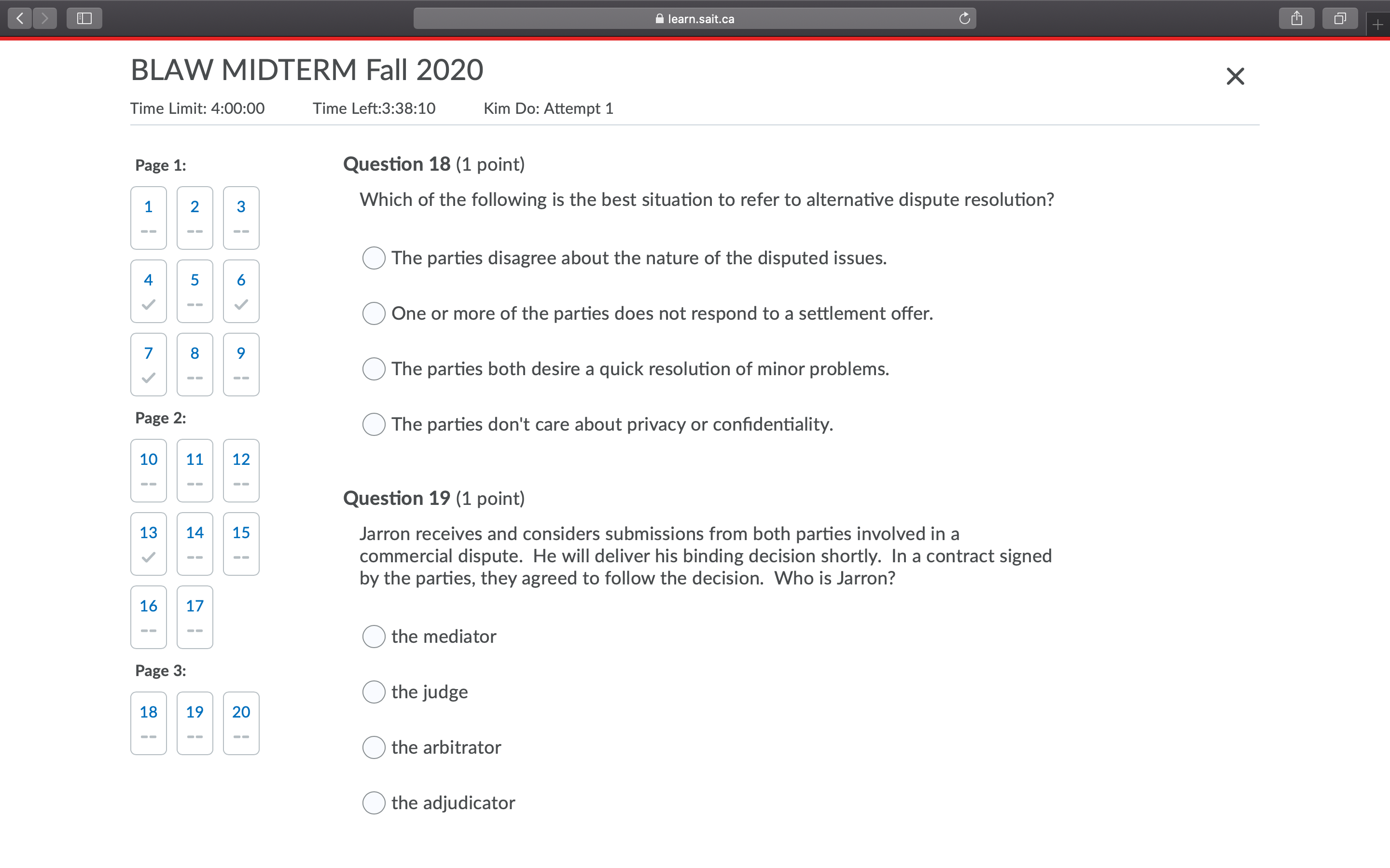 Multiple choices learn.sait.ca C + BLAW MIDTERM Fall 2020 X Time Limit:
