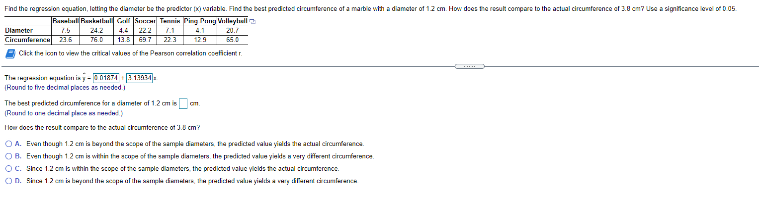 Find the regression equation, letting the diameter be the predictor (:1)