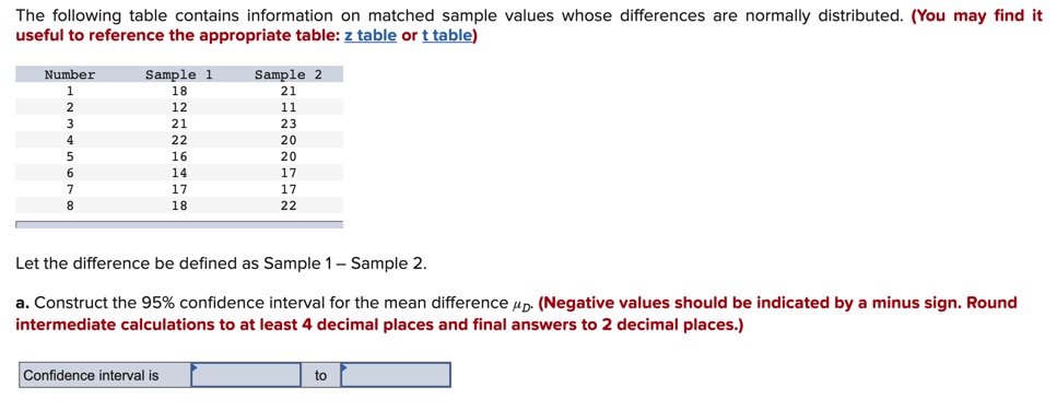  The following table contains information on matched sample values whose differences
