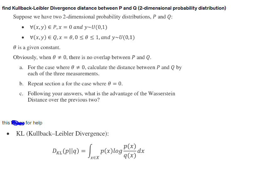 please solve on page find Kullback-Leibler Divergence distance between P and Q