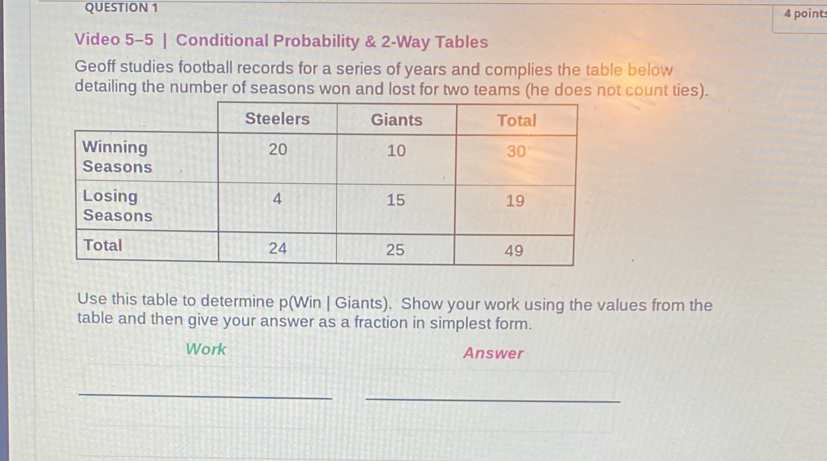  QUESTION 1 4 points Video 5-5 | Conditional Probability & 2-Way