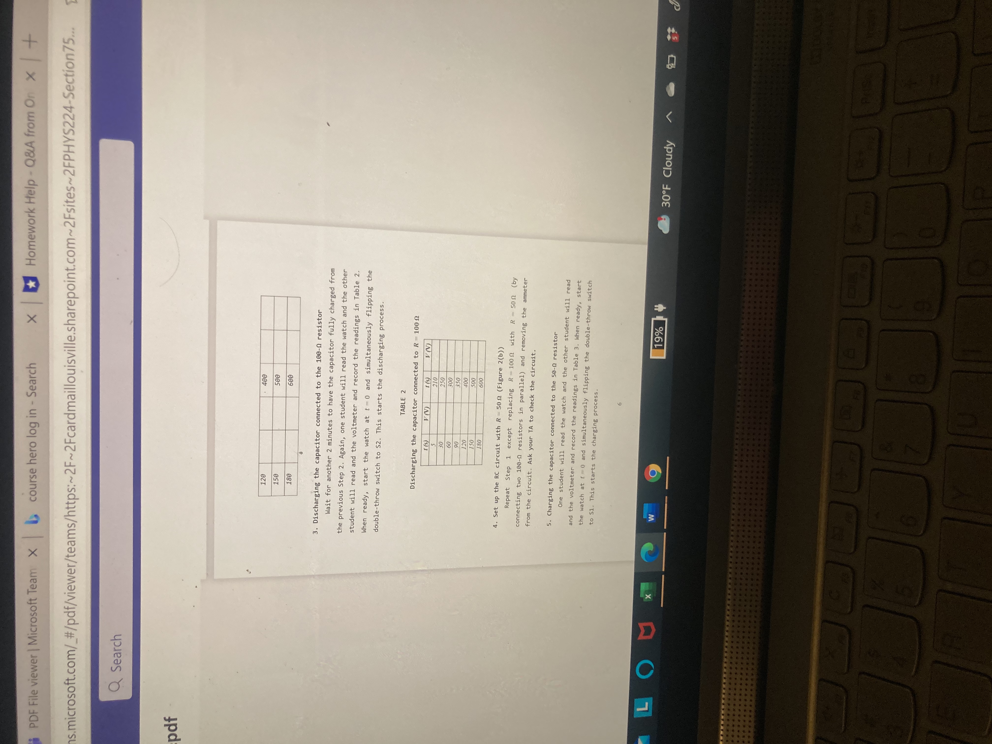 electric circuit involving a resistor (R) and a capacitor (C), and measure