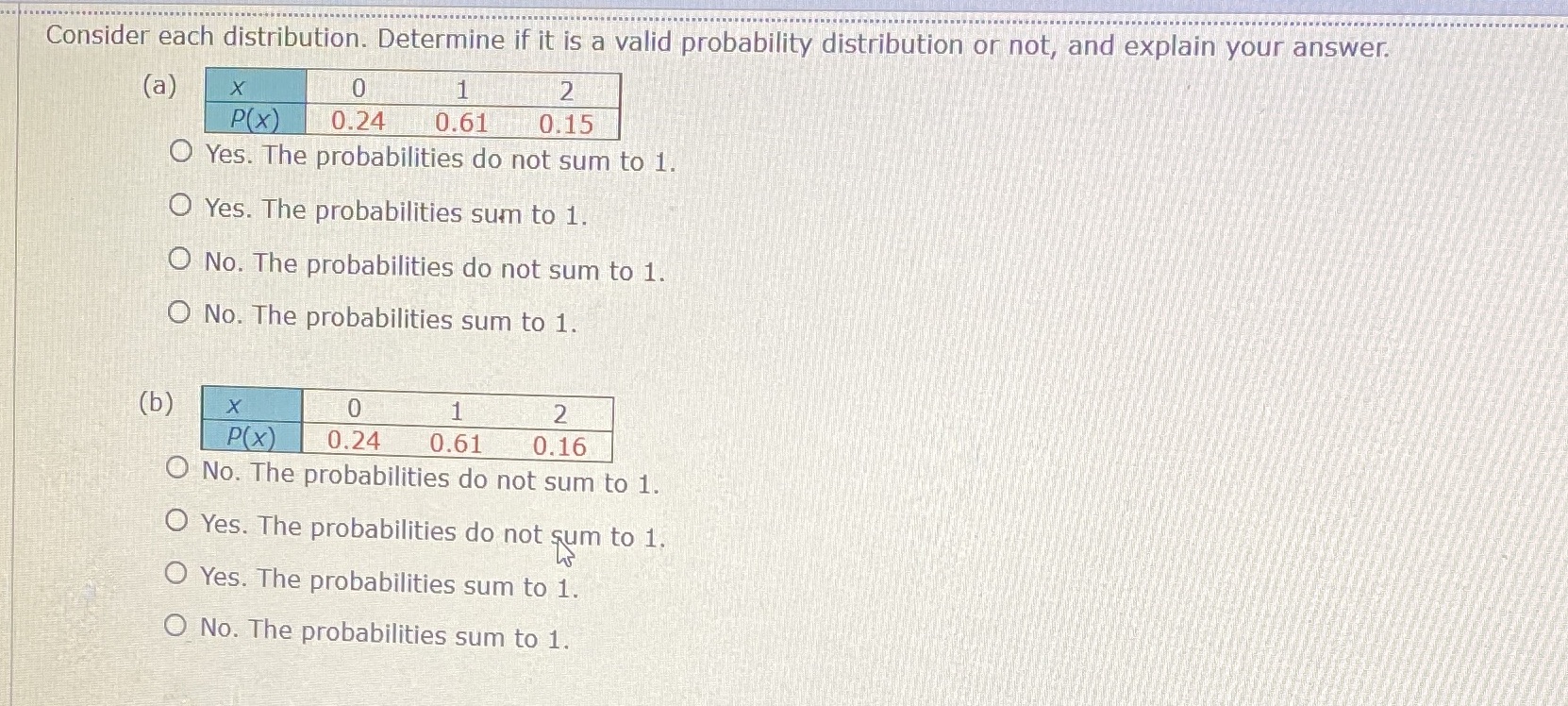 Help me Consider each distribution. Determine if it is a valid probability