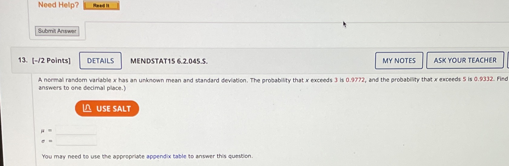 Round answer to one decimal place Need Help? Read It Submit Answer