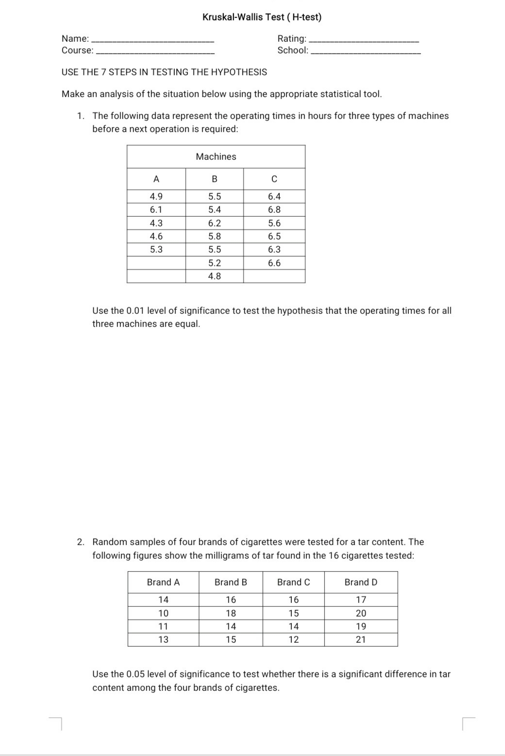  Kruskal-Wallis Test ( H-test) Name: ________________________ Rating: Course: ___________________ School: USE