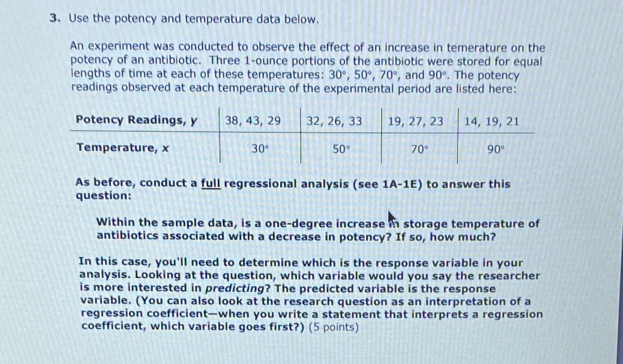  3. Use the potency and temperature data below. An experiment was