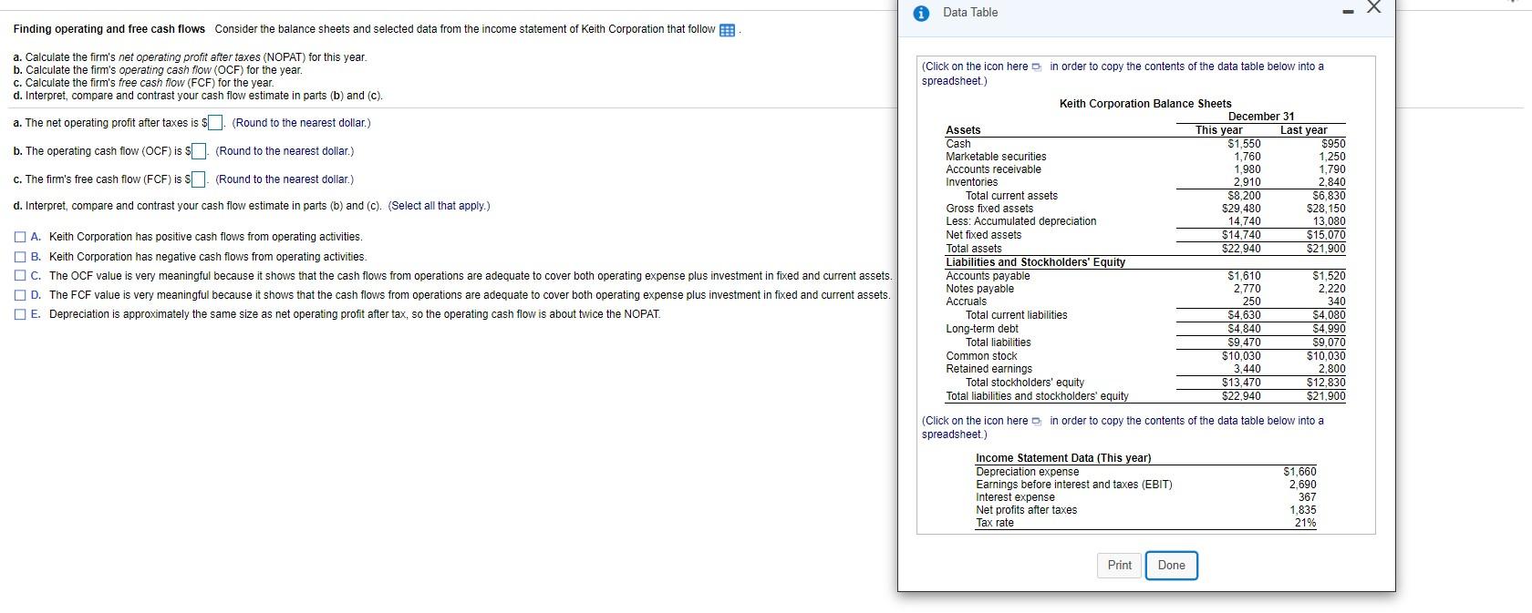  Data Table Finding operating and free cash flows Consider the balance