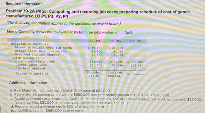 Help!!! Required information Problem 19-2A (Algo) Computing and recording job costs; preparing