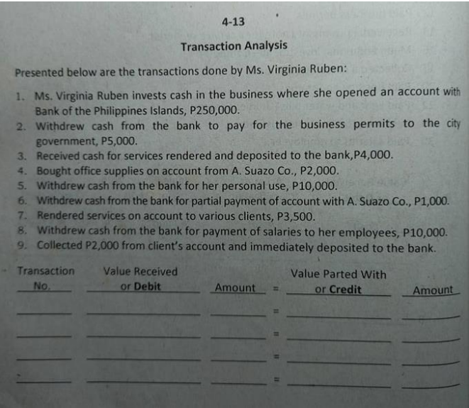  4-13 Transaction Analysis Presented below are the transactions done by Ms.