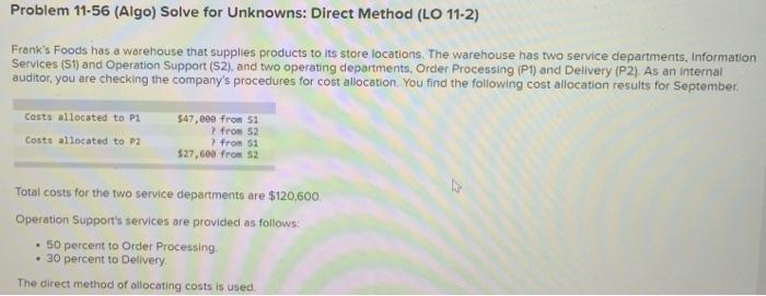  Problem 11-56 (Algo) Solve for Unknowns: Direct Method (LO 11-2) Frank's