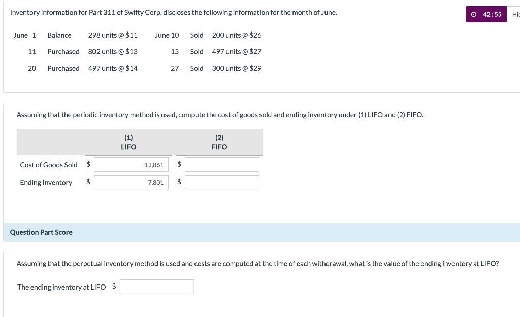 I need help in this question please!!! Inventory information for Part 311