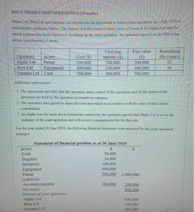  JOINT PRODUCTION OPERATIONS (20 marks) Alpha Ltd, Beta Ltd and Gamma