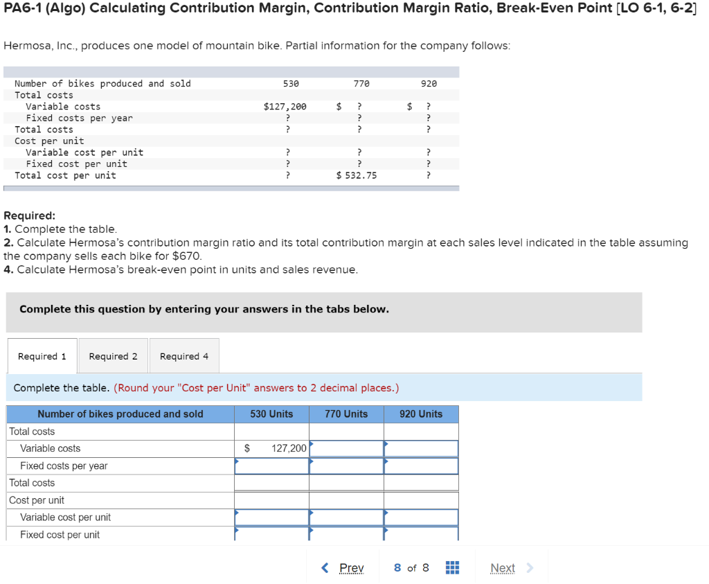 PA6-1 (Algo) Calculating Contribution Margin, Contribution Margin Ratio, Break-Even Point (LO