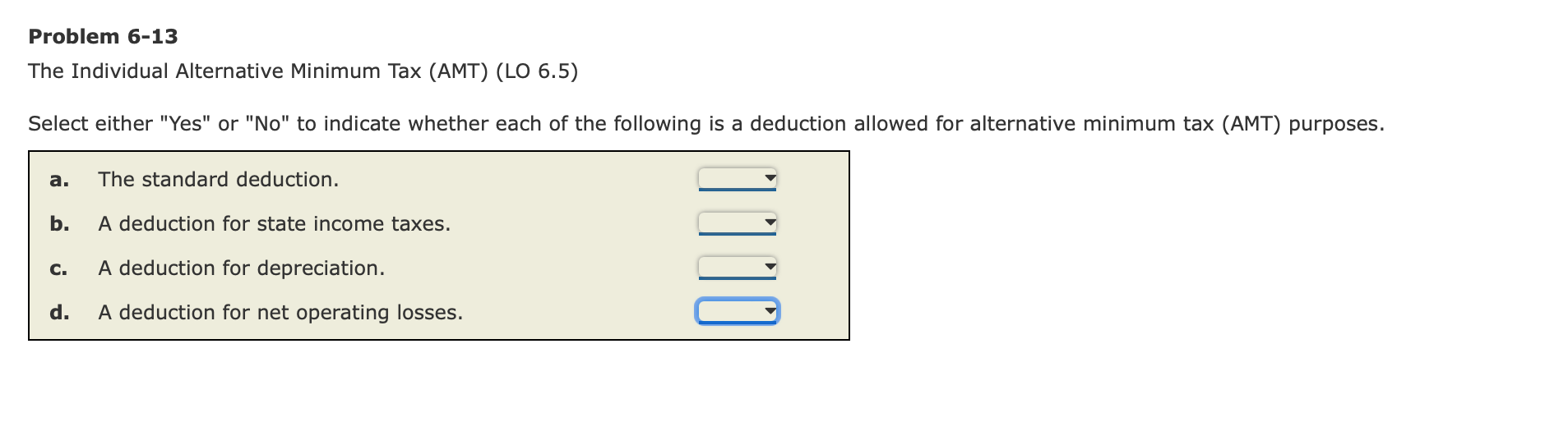Problem 6-13 Problem 6-13 The Individual Alternative Minimum Tax (AMT) (LO 6.5)