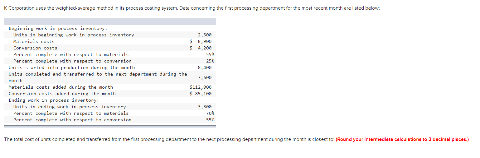 K Corporation uses the weightedeaverage method in its process costing system.