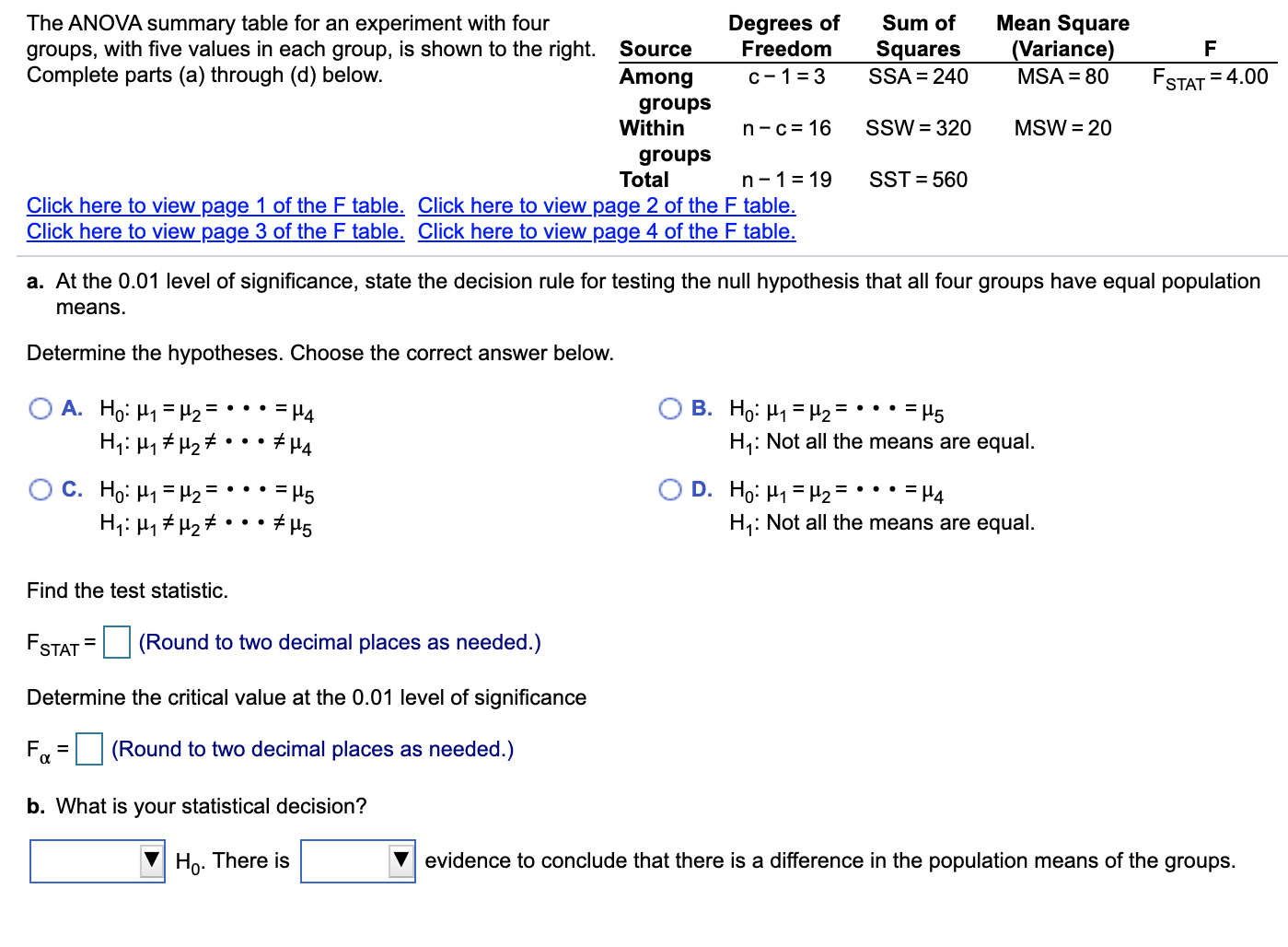 The ANOVA summary table for an experiment with four groups, with five