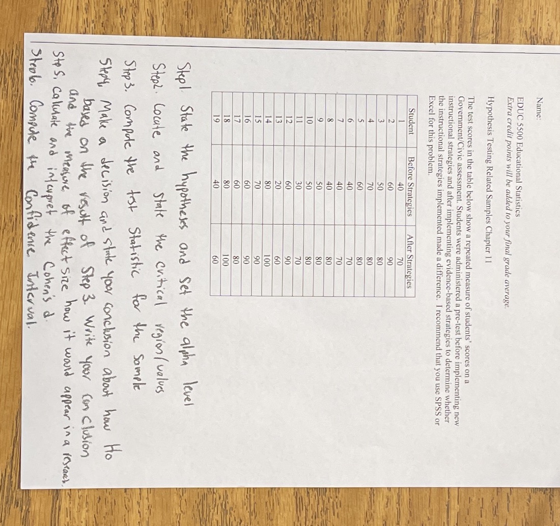 Name: EDUC 5500 Educational Statistics Extra credit points will be added