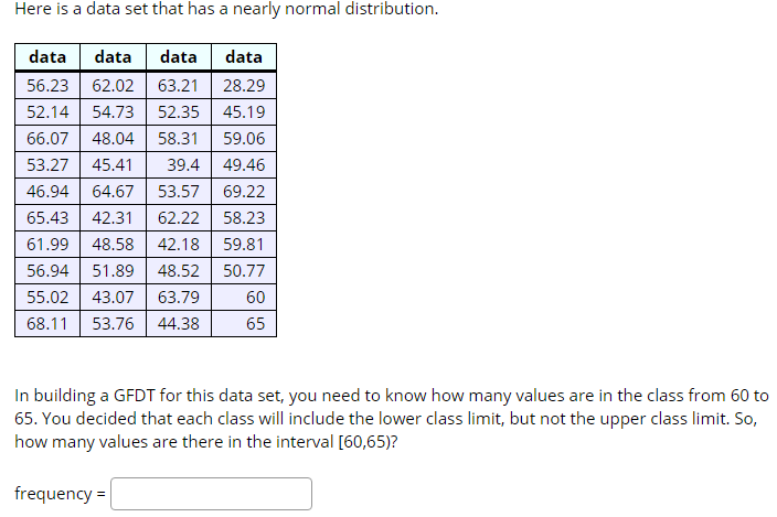  Here is a data set that has a nearly normal distribution.