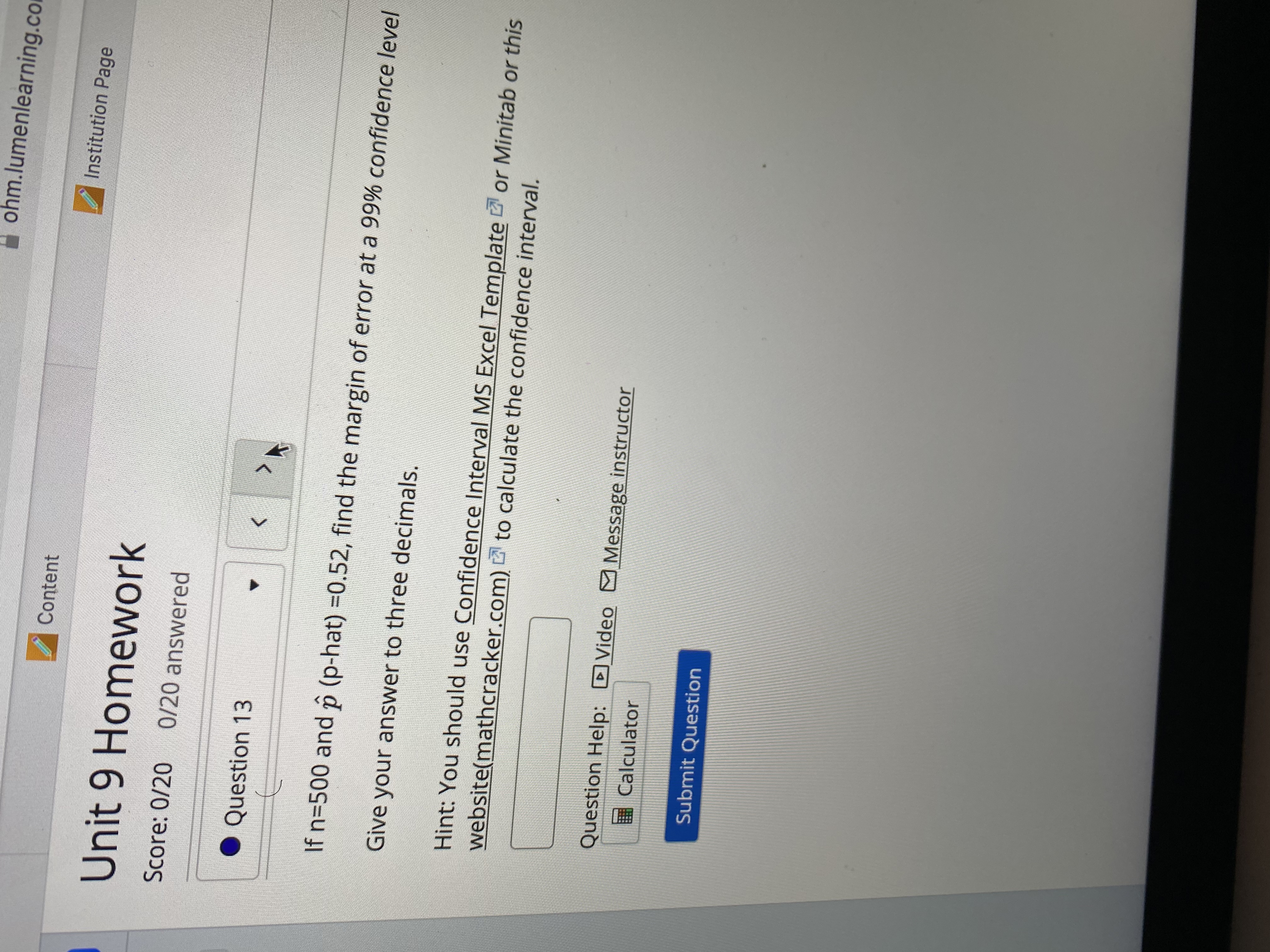 population proportion p. Find the 99% confidence interval for a sample of