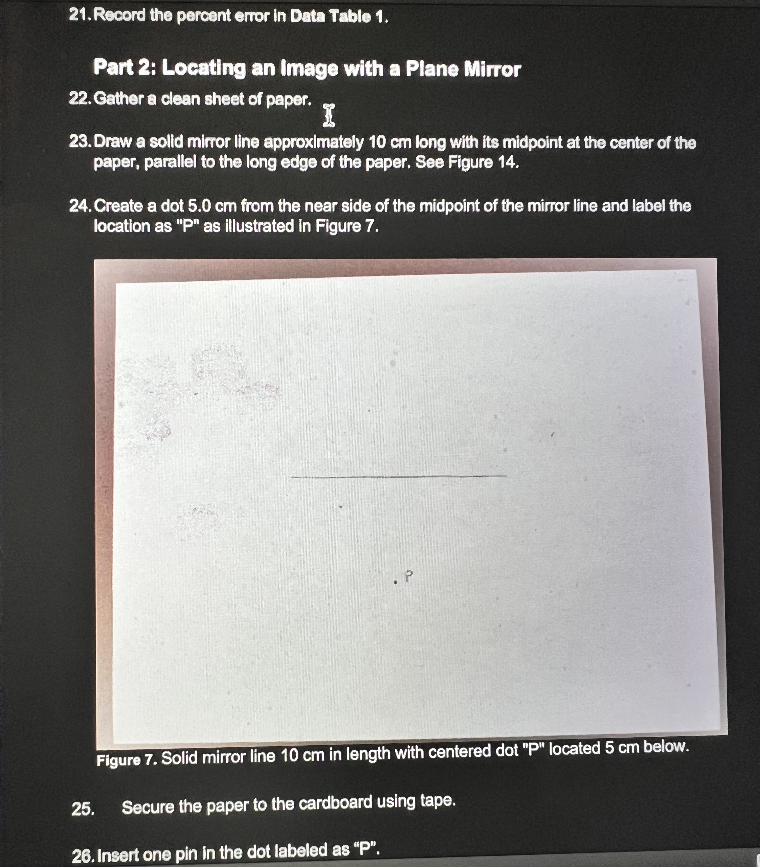 continue above the mirror line as dashes. P' is labeled at the