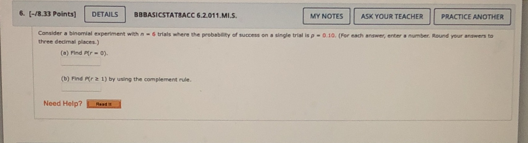 Can you please answer these for me?? 6. [-/8.33 Points] DETAILS BBBASICSTATSACC