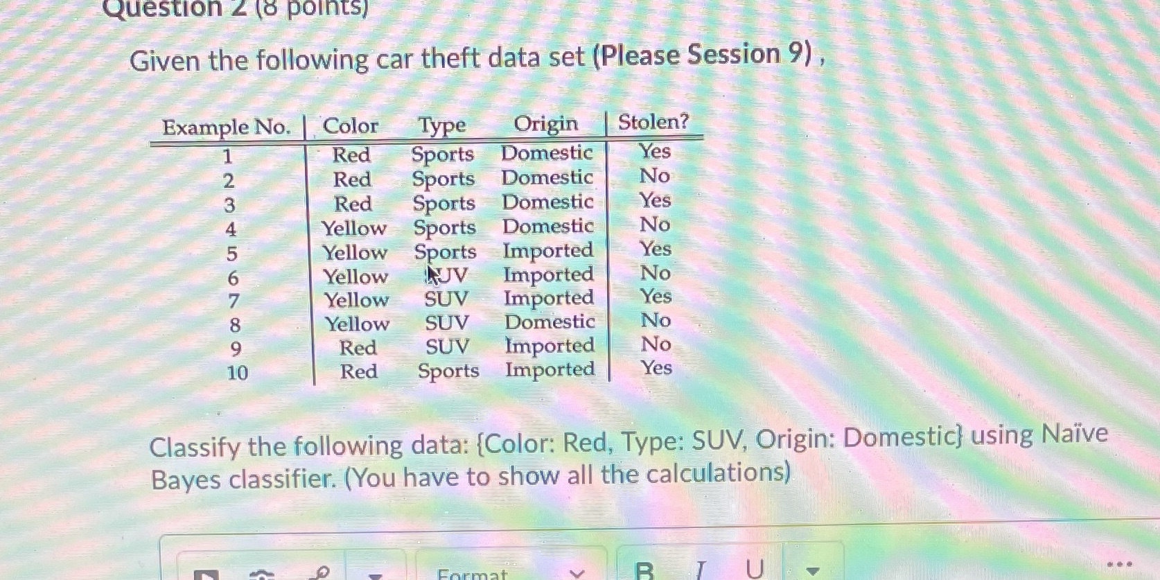  Question Z (8 points) Given the following car theft data set