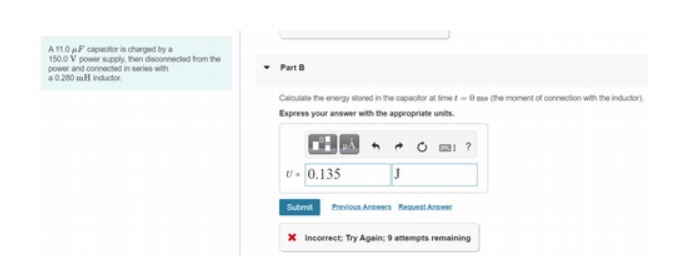A 11 0 # F capacitor is charged by a 150