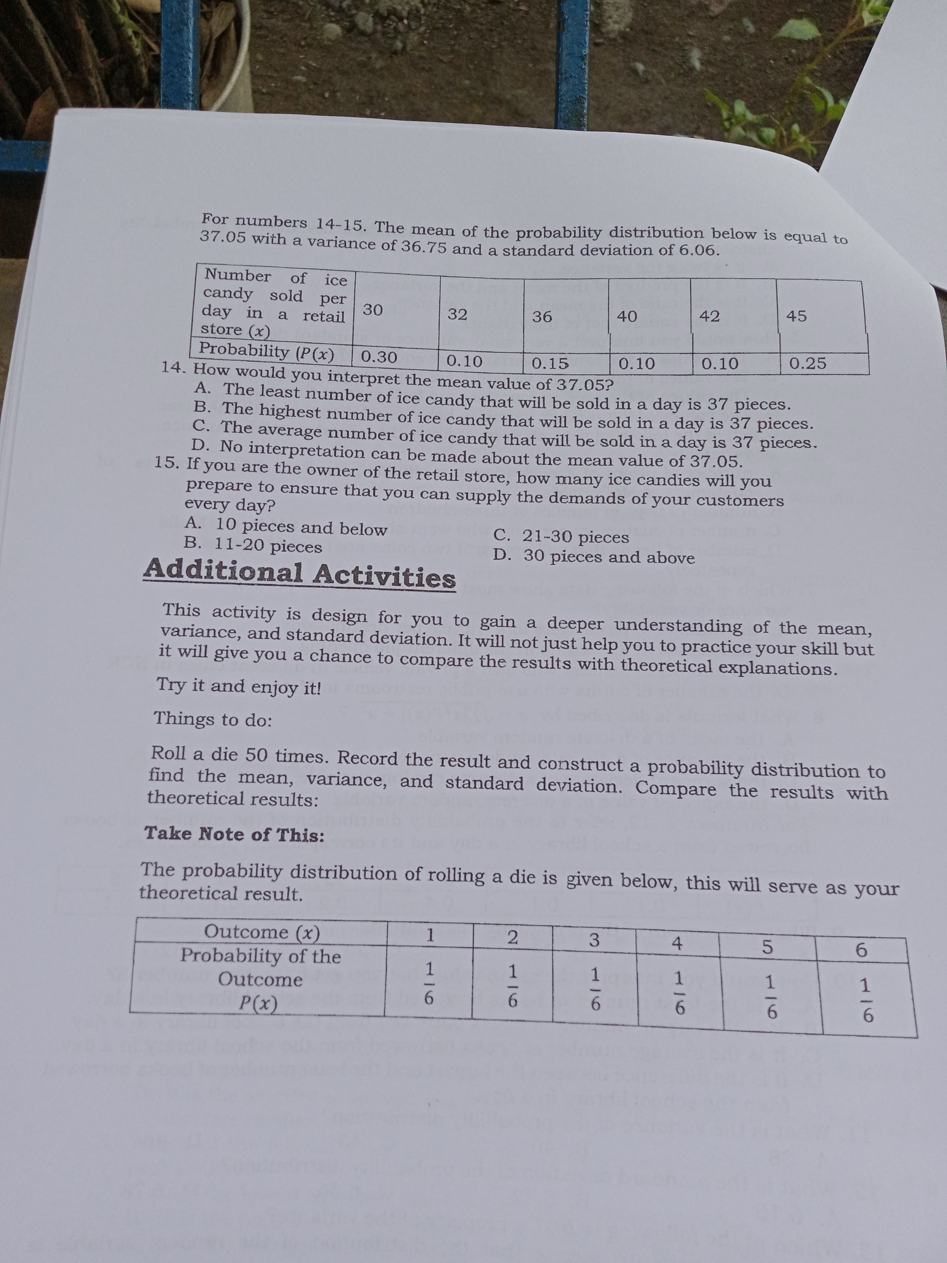 mean and variance of a discrete random variable. Your knowledge and skill