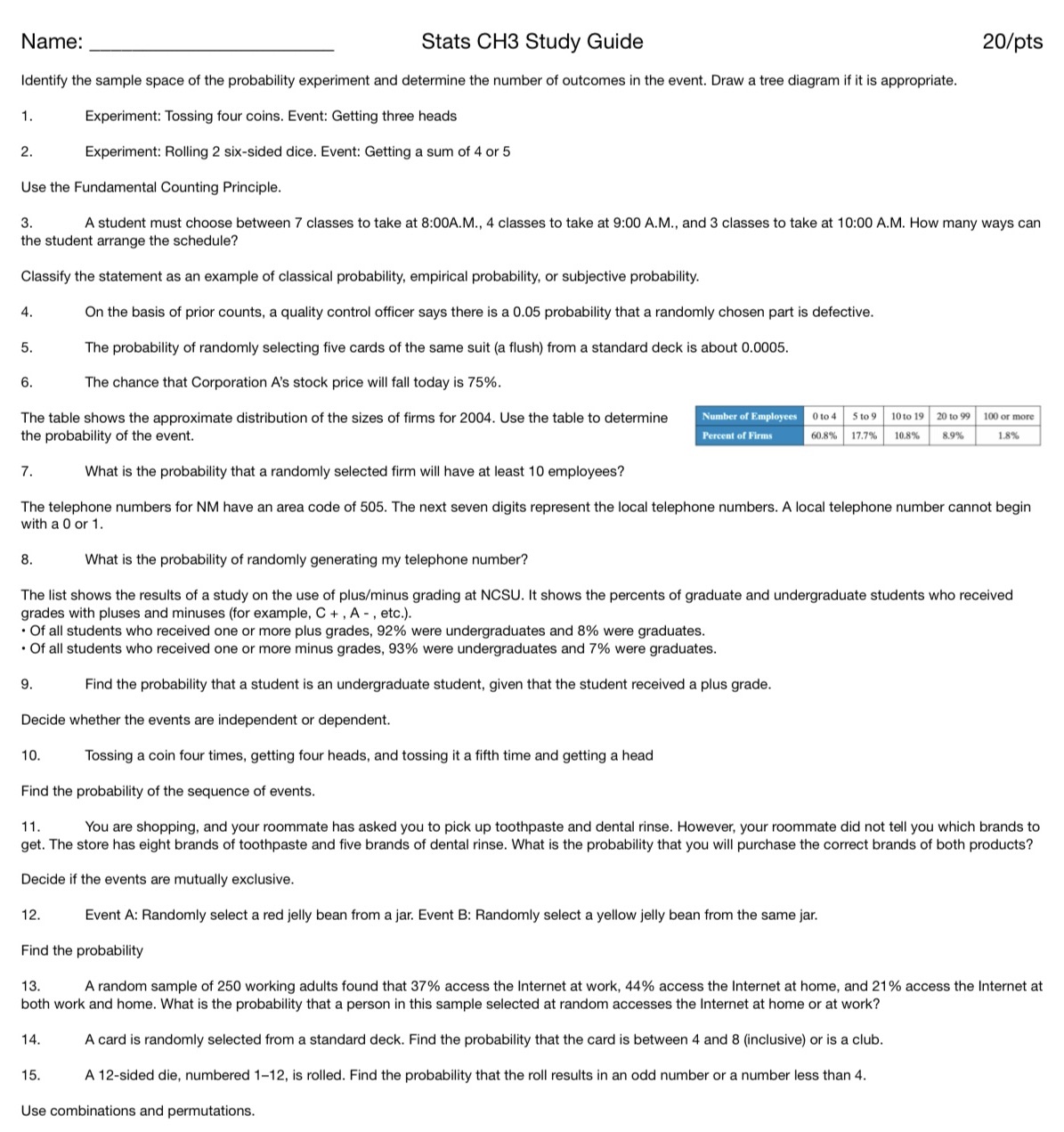  Name: Stats CH3 Study Guide 20/pts Identify the sample space of