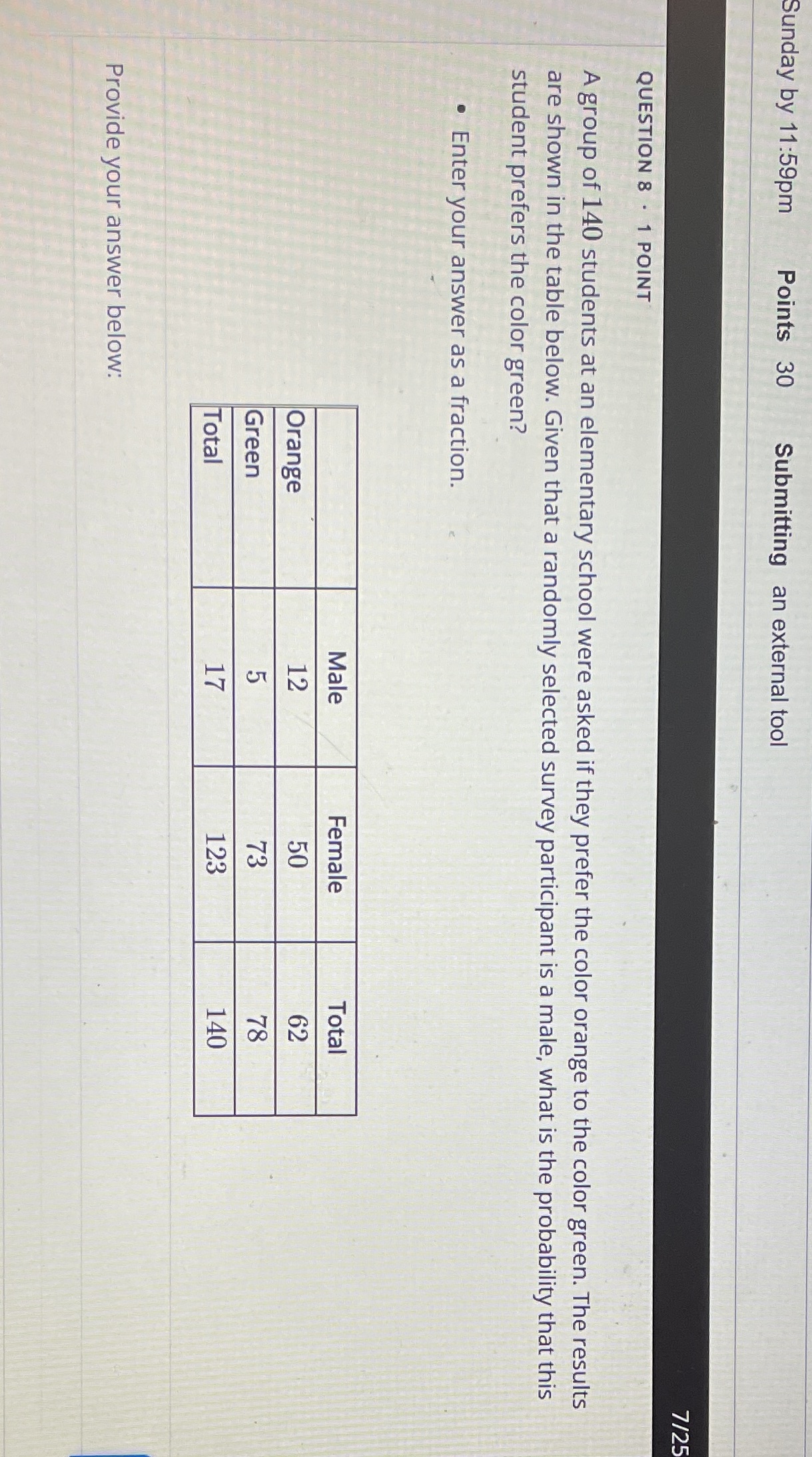  Sunday by 11:59pm Points 30 Submitting an external tool 7/25 QUESTION