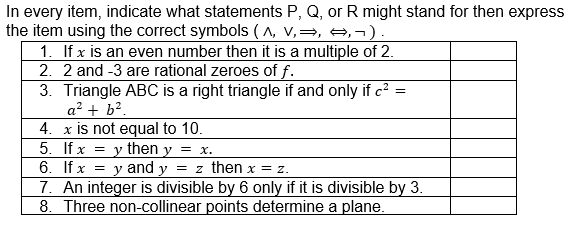 THIS IS LIKE TRUTH TABLE PLS HELP : In every item, indicate