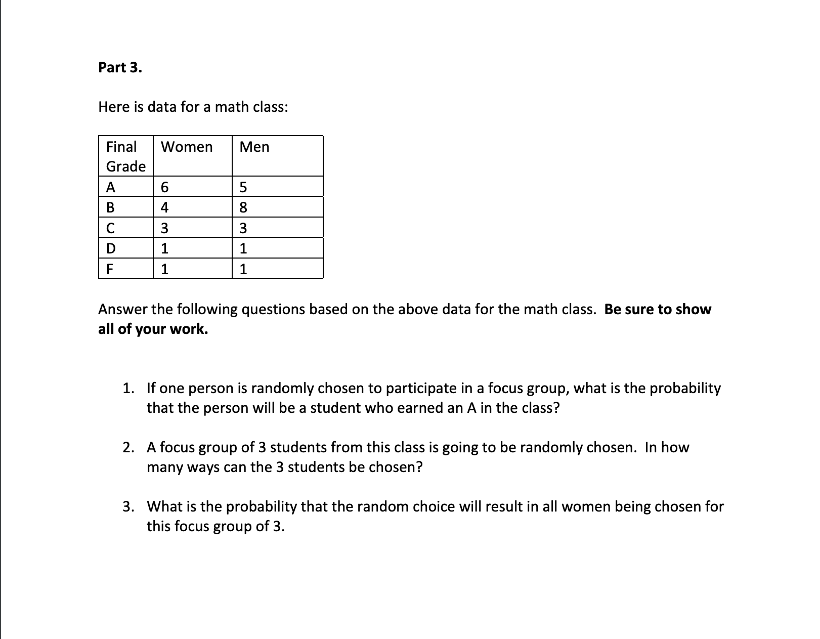  Part 3. Here is data for a math class: Final Women