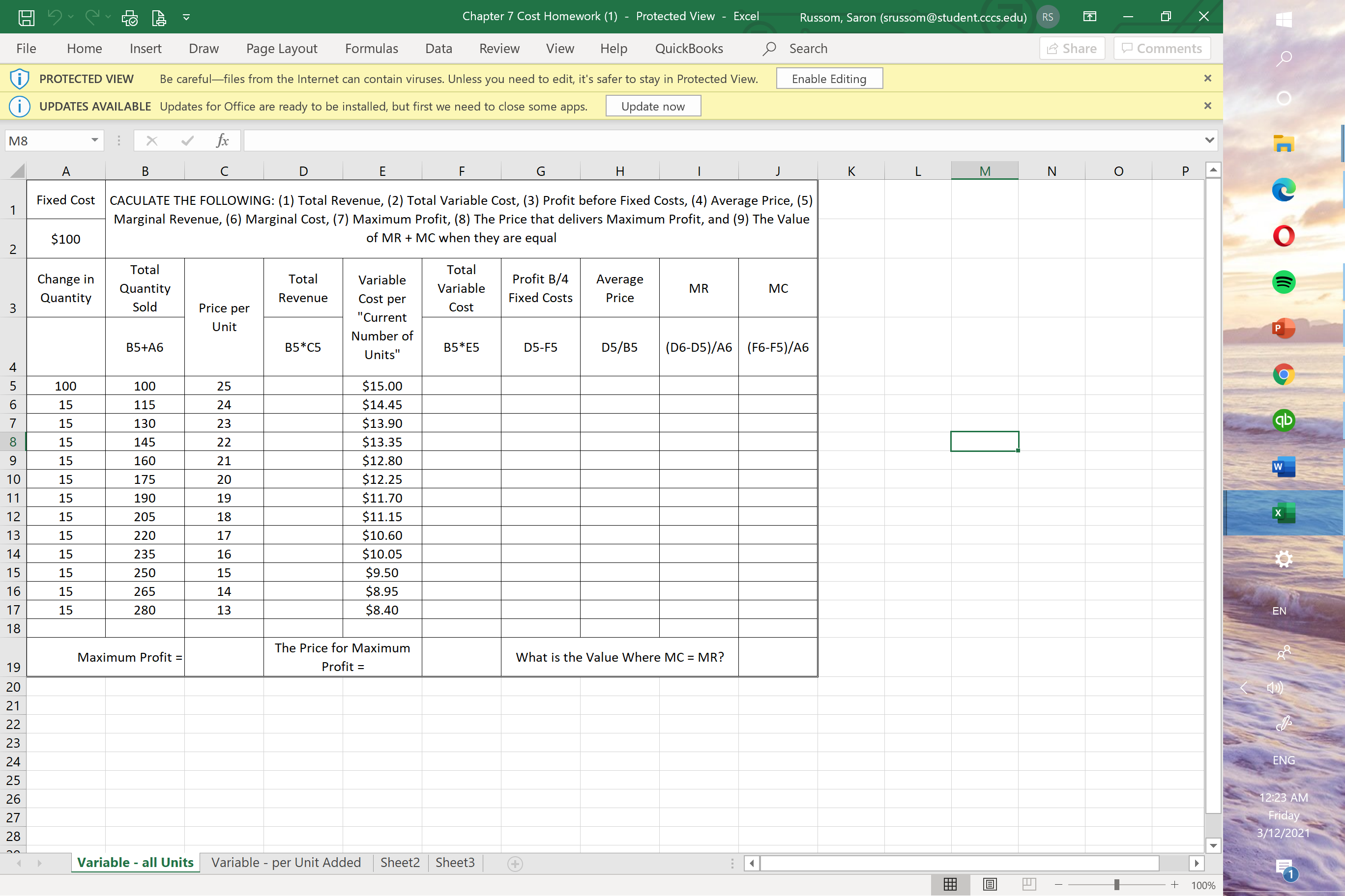  Chapter 7 Cost Homework (1) - Protected View - Excel Russom,