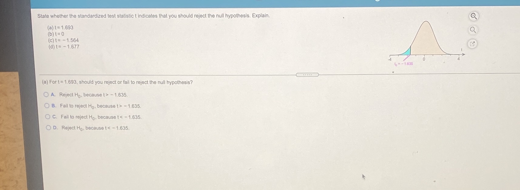 State whether the standardized test statistic t indicates that you should
