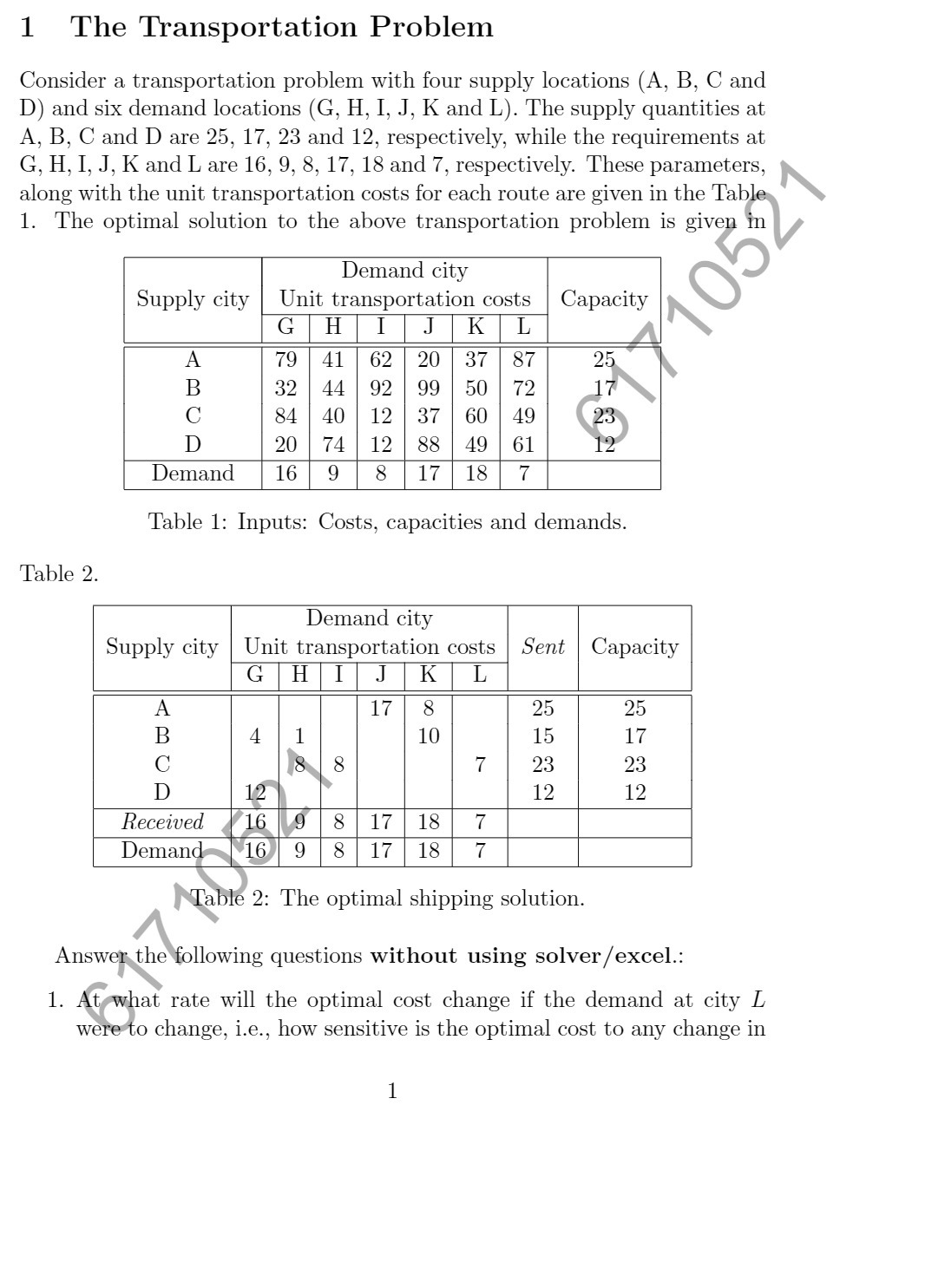 1 The Transportation Problem Consider a transportation problem with four supply