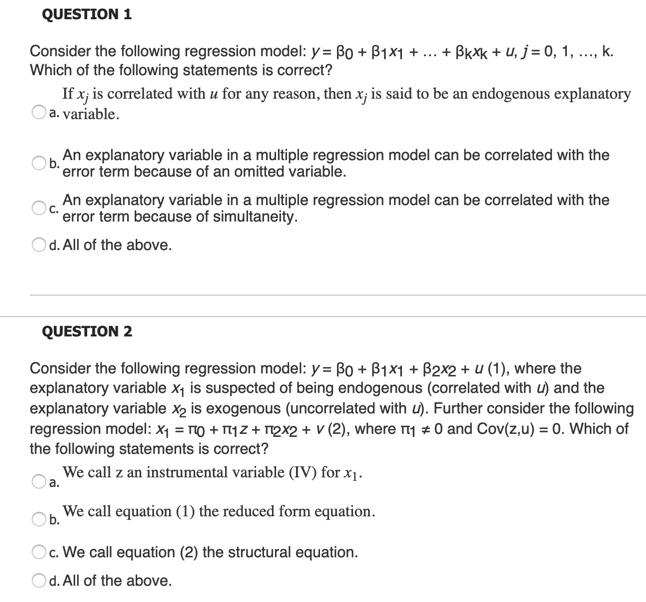 QUESTION 1 Consider the following regression model: y = Bo +