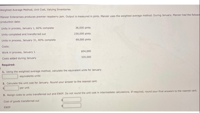  Weighted Average Method, Unit Cost, Valuing Inventories Manzer Enterprises produces premier