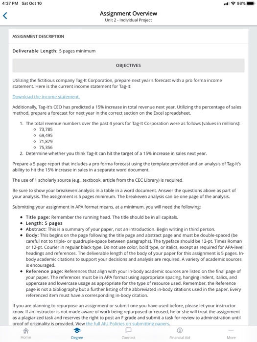&S7PM Satoct10 ASSLNMENT Assignment Overview unit 2 Deliverable Length: 5 pages minimum