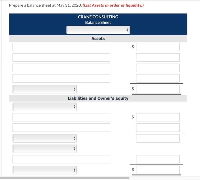 PLEASE MAKE A BALANCE SHEET Prepare a balance sheet at May 31,