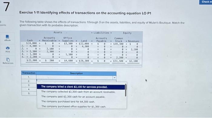 please answer 1-5 Checkm 7 Exercise 1-11 Identifying effects of transactions on