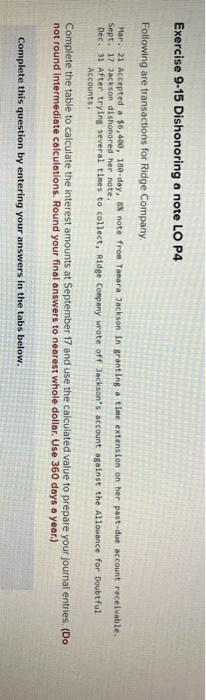  Exercise 9-15 Dishonoring a note LO P4 Following are transactions for