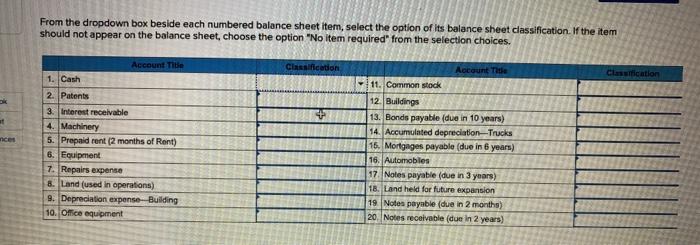  From the dropdown box beside each numbered balance sheet item, select