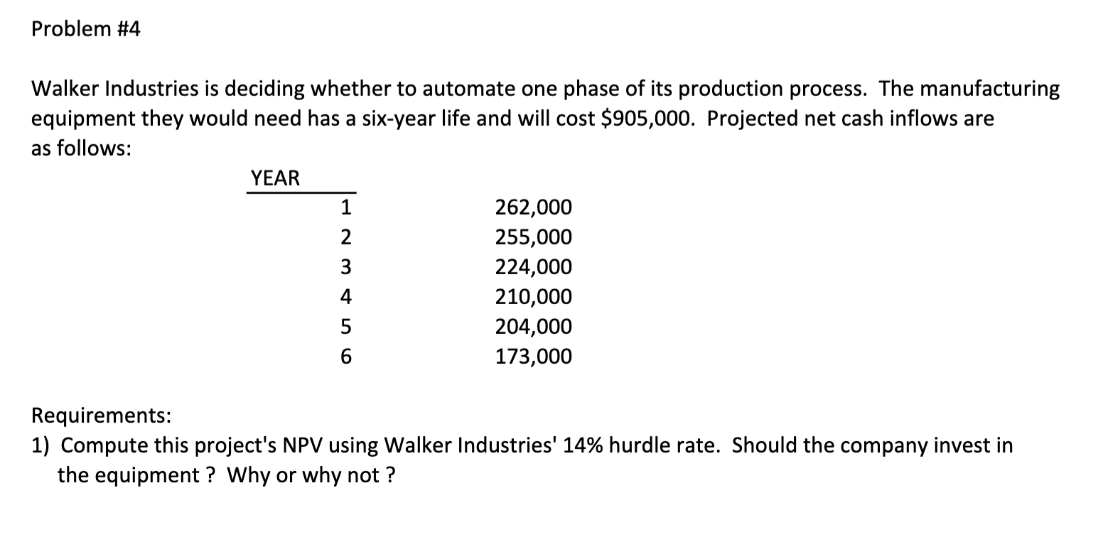 Problem #4 Walker Industries is deciding whether to automate one phase